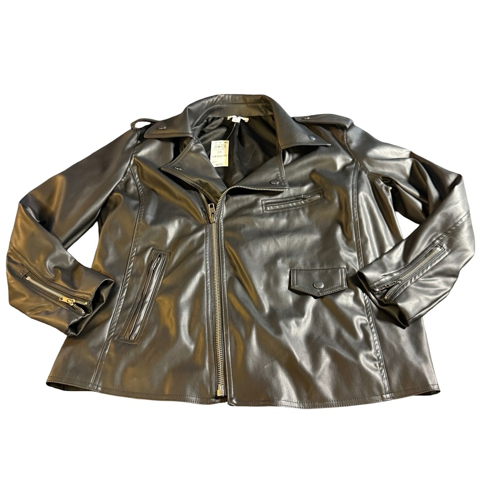 Bar III Womens Faux Leather Moto Biker Jacket Deep Black 0X 12-14 Macy's Zippers